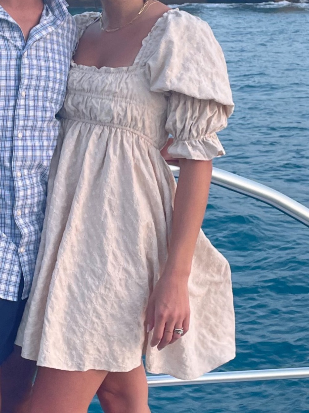 Storia Beige Eyelet Mini Dress